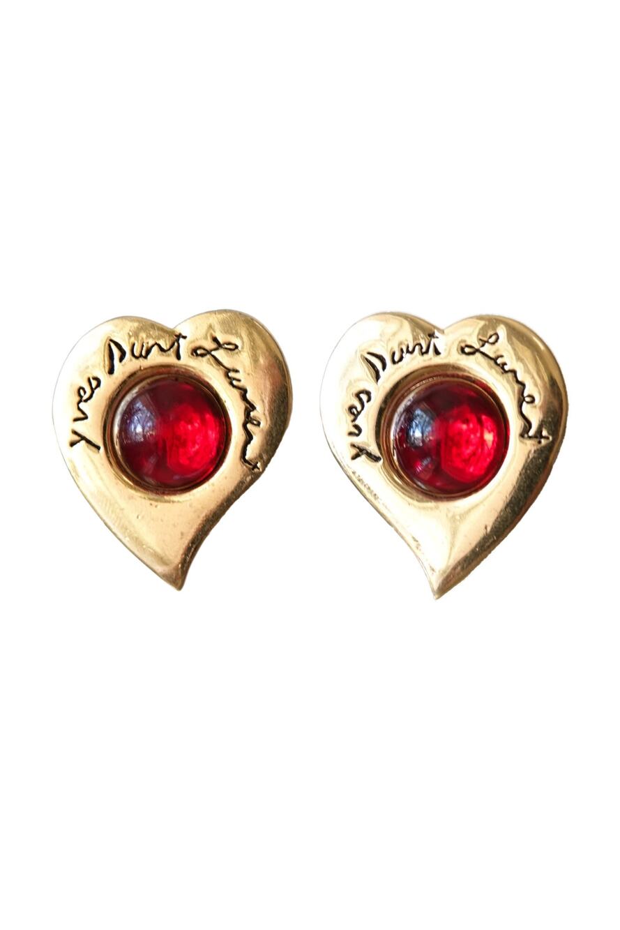 Vintage Yves Saint Laurent 1980s Gold-Tone Heart Clip-On Earrings Red Cabochon